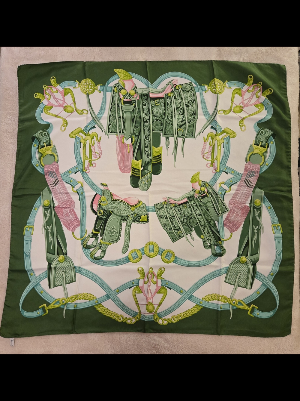 Green and Pink Equestrian Silk Scarf
